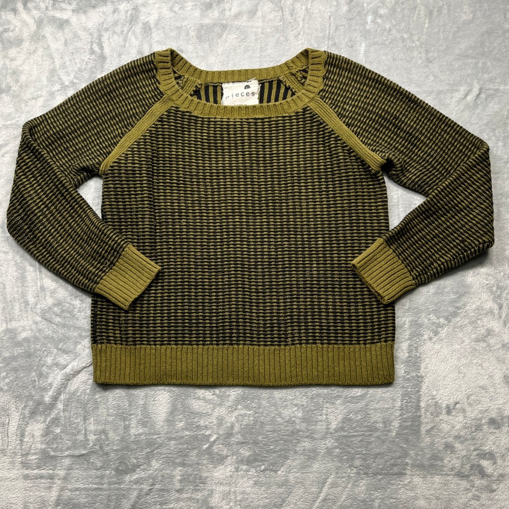 Pieces by Kensie Sweater Women Green Black Raglan Knit Scoop Neck Pullover L